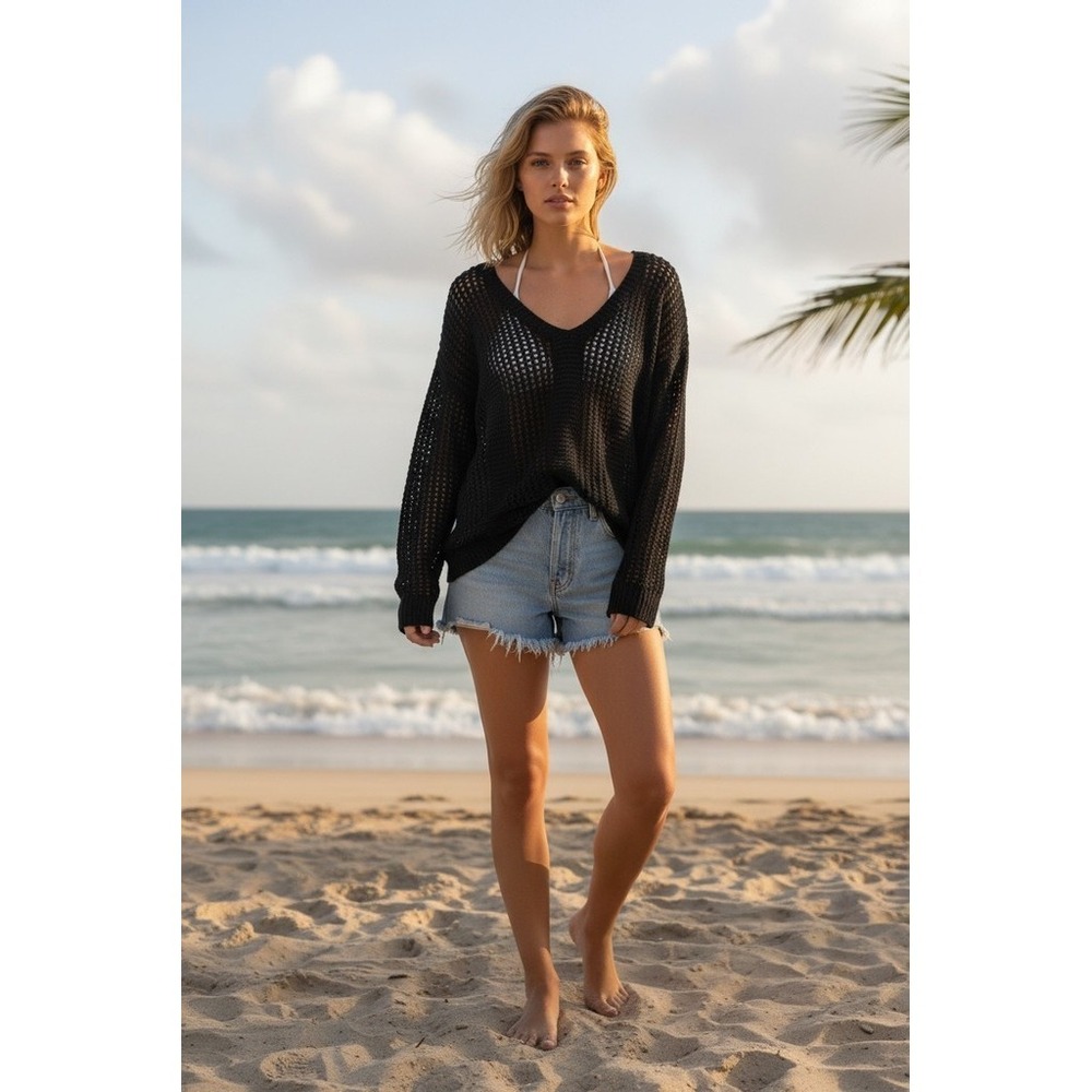 WRV Dolphins Sweater Women M/L Black Open-Knit Crochet V-Neck Pullover Top beach